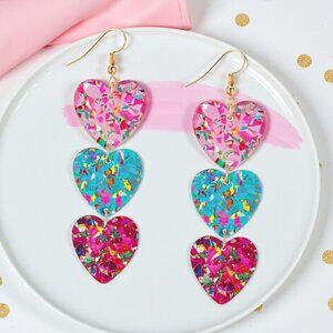 🆕 Colorful Triple Heart Dangle Earrings | Sequin Acrylic Statement 🩷💙